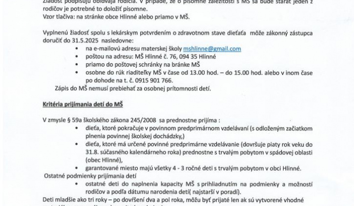 2. fotografia fotogalérie Zápis detí do MŠ Hlinné na školský rok 2025/2026 - foto