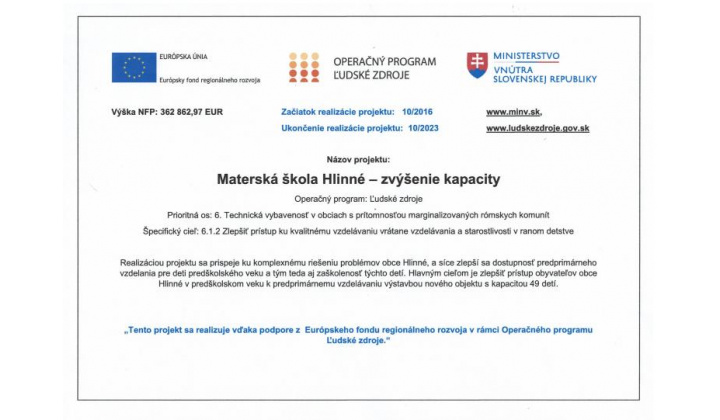 Fotka - Materská škola Hlinné – zvýšenie kapacity
