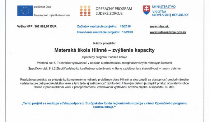 Fotka - Materská škola Hlinné – zvýšenie kapacity