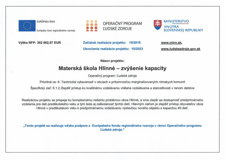 Fotka - Materská škola Hlinné – zvýšenie kapacity