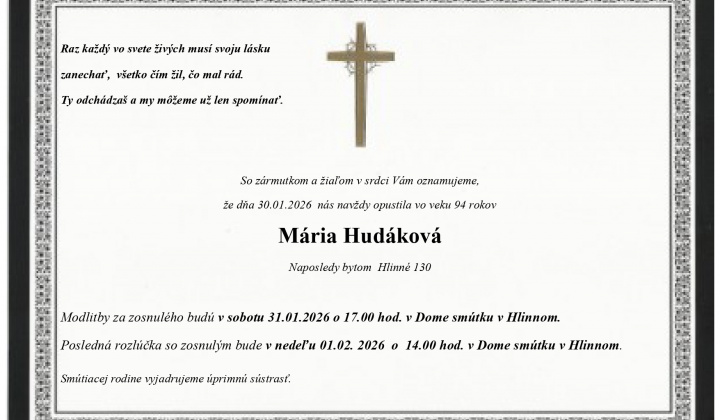 Fotka - Smútočné oznámenie - Mária Hudáková