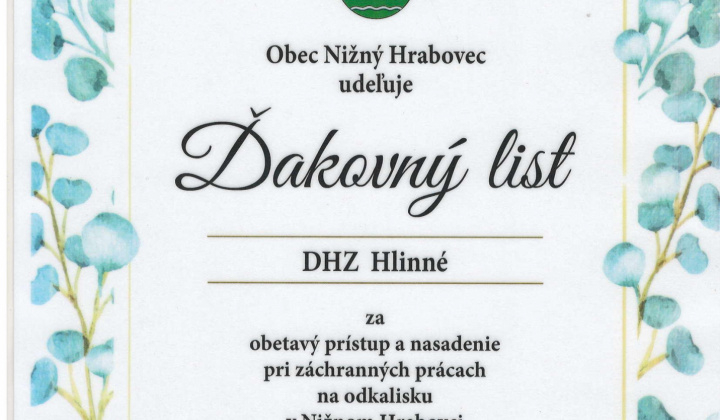 Fotka - Ďakovný list DHZ Hlinné