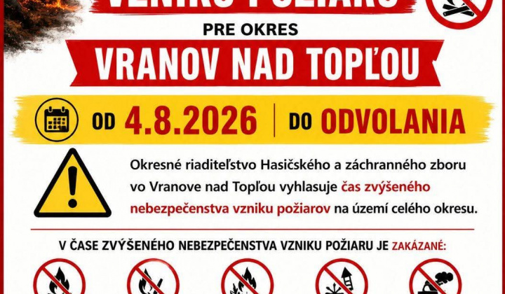 Fotka - Vyhlásenie času zvýšeného nebezpečenstva vzniku požiaru pre celé územie okresu Vranov nad Topľou od 04.08.2026 do ODVOLANIA