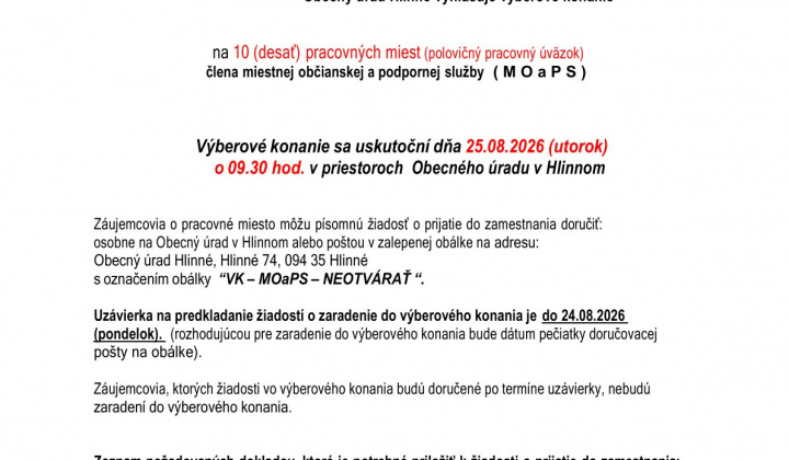 Fotka - Výberové konanie dňa 25.08.2026 ( utorok) o 9:30 hod. v priestoroch Obecného úradu v Hlinnom