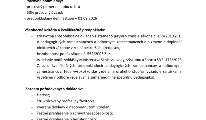 Fotka - Voľné pracovné miesto ŠKOLSKÝ ŠPECIÁLNÝ PEDAGÓG V MŠ