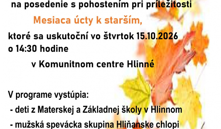 Fotka - Pozvánka pre starobných a plne invalidných dôchodcov dňa 15.10.2026 o 14:30 hodine v Komunitnom centre