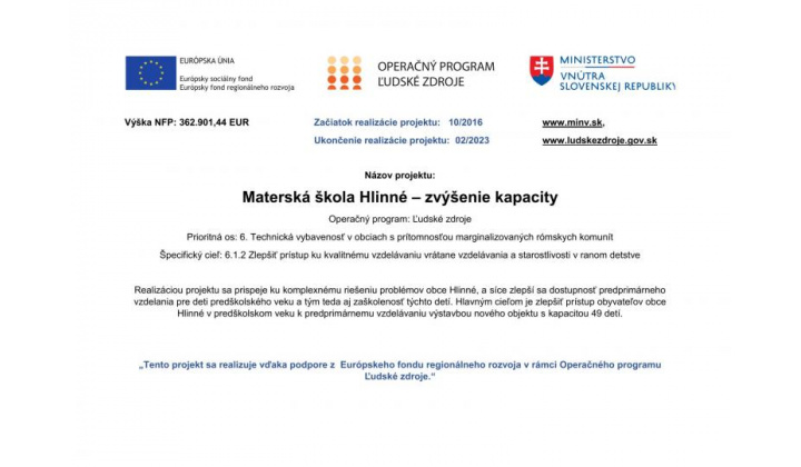 Fotka - Materská škola Hlinné – zvýšenie kapacity