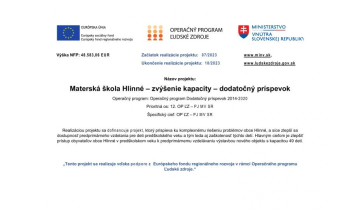 Fotka - MŠ Hlinné - zvýšenie kapacity - dodatočný príspevok