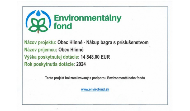 Fotka - Obec Hlinné – Nákup bagra s príslušenstvom